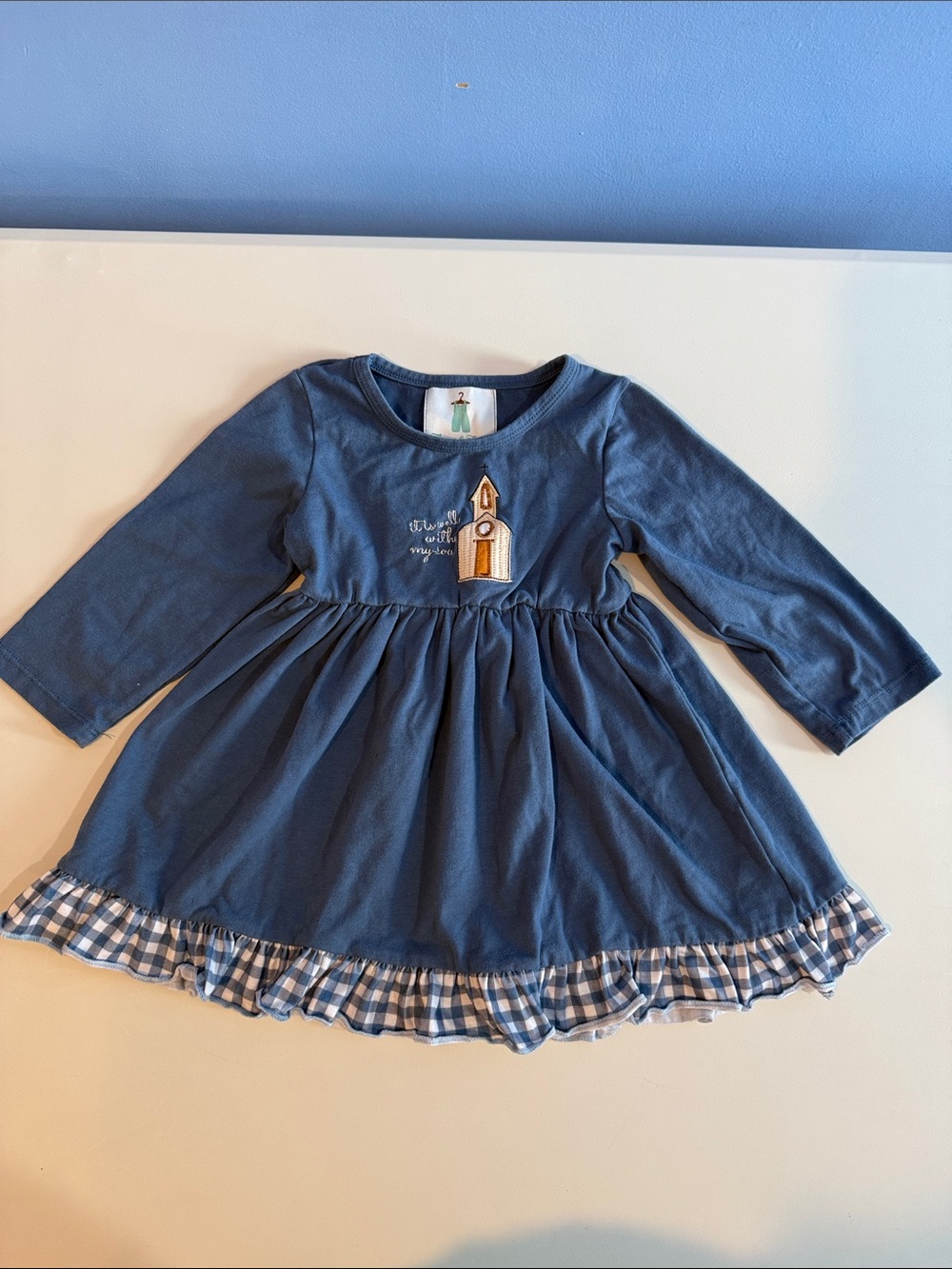 Girls' 18-24 M Long-Sleeve Appliqué Dress Gingham Church It Is Well With My Soul